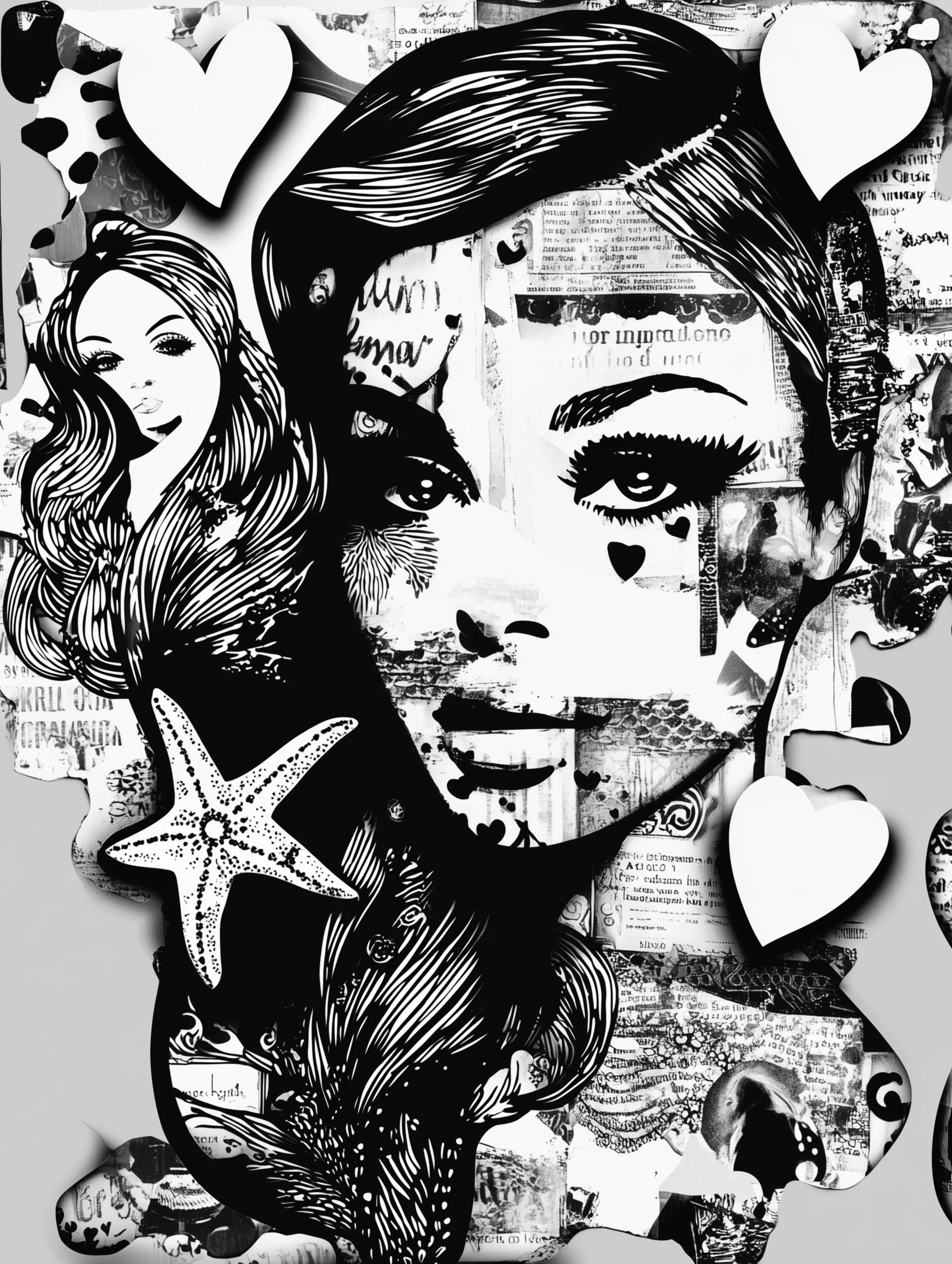 Free printable underwater coloring page for adults featuring a starfish and woman face